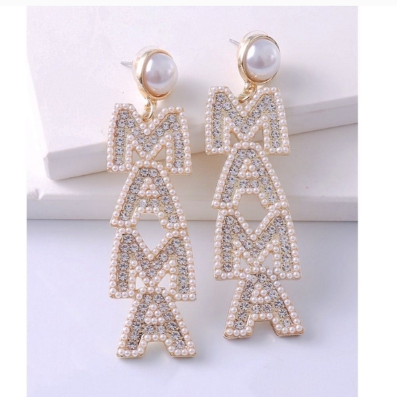 Pearl & Crystal Rhinestone "MAMA"  Earrings ~ 🎁 🦪 - Picture 4 of 7